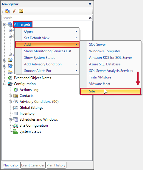 SQL Sentry select Add Site in the Navigator pane Version 2021.18 SentryOne select Add Site in the Navigator pane