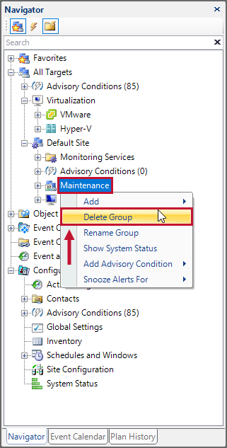 SQL Sentry Navigator Pane Delete Target Group Version 2021.12 Navigator Pane Delete Target Group