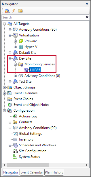 SQL Sentry Monitoring Services in the Navigator pane