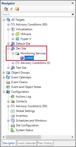 SQL Sentry Monitoring Services in the Navigator pane Version 2021.18 SQL Sentry Monitoring Services in the Navigator pane