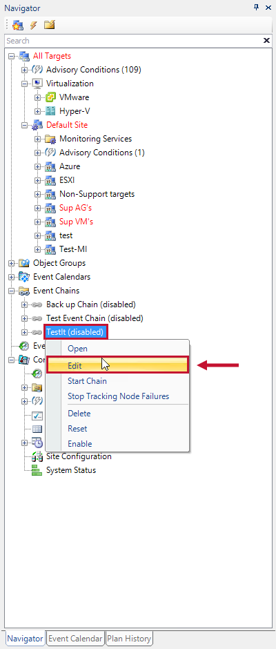 SQL Sentry Navigator Pane with TestIt event chain selected and the Edit context menu option highlighted.
