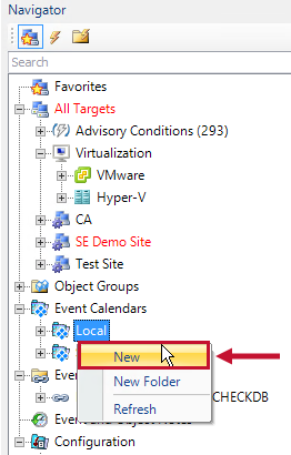 SQL Sentry Navigator Pane New Event Version 2021.18 Navigator Pane with the Local Event Calendar folder selected and the New context menu option highlighted.