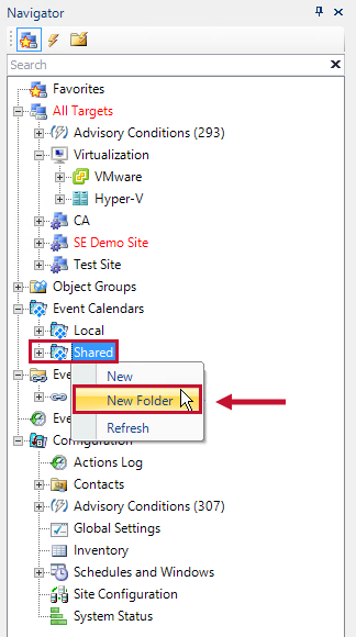 Navigator Pane with the Shared Event Calendar view select and the New Folder context menu option highlighted.