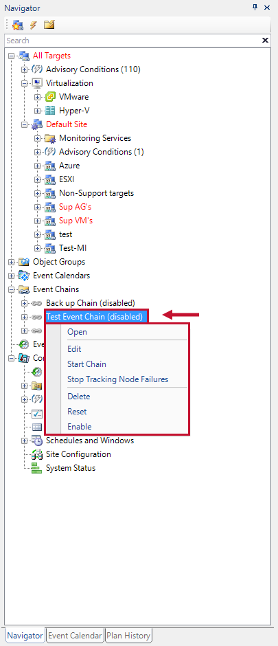 SQL Sentry Navigator Pane Event Chain Context menu options.