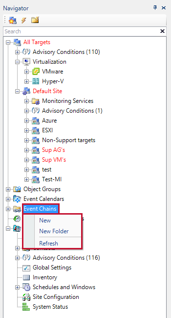 SQL Sentry Navigator Pane with the Event Chains context menu options highlighted.