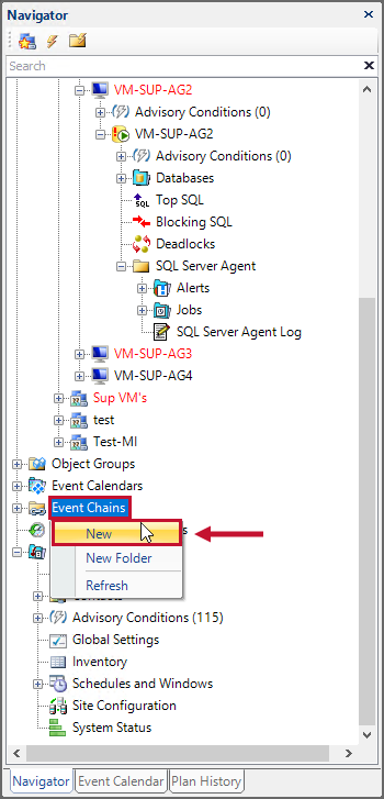 SQL Sentry Navigator Pane with the Event Chains context menu opened and the New option selected.