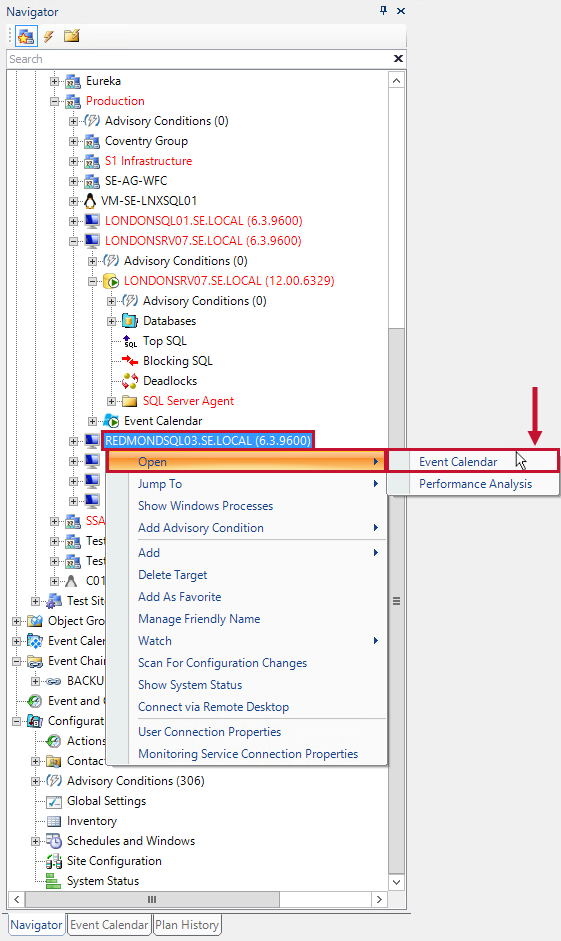 SQL Sentry Open Event Calendar Version 2021.18 SQL Sentry Navigator Pane with an instance selected and the Open Event Calendar option highlighted.