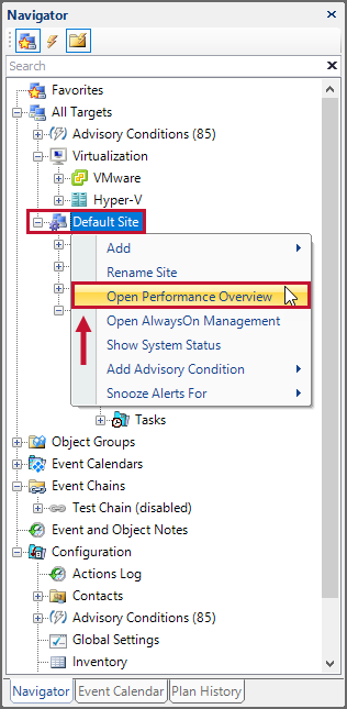 Navigator select instance and Open Performance Overview from the context menu
