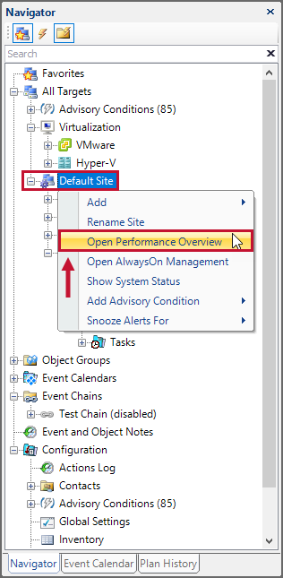 SQL Sentry Navigator select instance and Open Performance Overview Version 2021.12 Navigator select instance and Open Performance Overview from the context menu