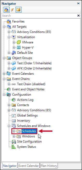 SQL Sentry Navigator Pane select the Schedules node