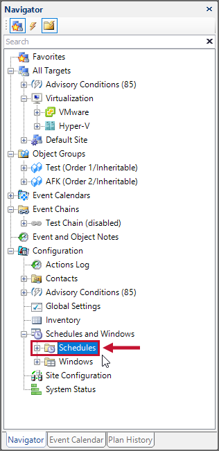 SQL Sentry Navigator Pane select the Schedules node Version 2021.12 SQL Sentry Navigator Pane select the Schedules node
