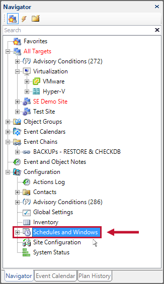 SQL Sentry Navigator Pane Schedules and Windows
