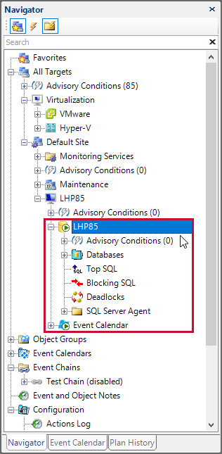 SQL Sentry select the desired server node from the Navigator Version 2021.12 Select the desired server node from the Navigator