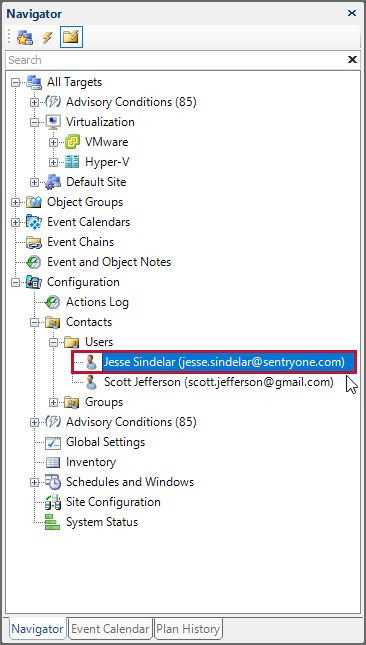 SQL Sentry Navigator pane select User