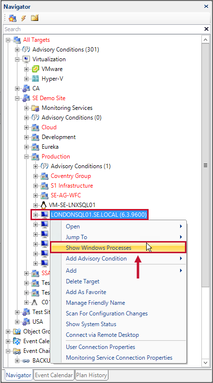 SQL Sentry Navigator Show Windows Processes from the context menu Version 2021.12 Navigator Show Windows Processes from the context menu