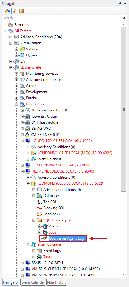 Navigator Pane with the SQL Server Agent folder expanded and the SQL Server Agent Log node highlighted.