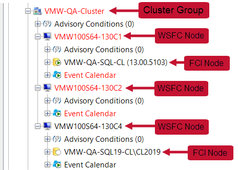 Navigator pane displaying the WSFC cluster group and corresponding nodes