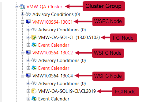 SQL Sentry Navigator pane displaying the WSFC cluster group and corresponding nodes Version 2021.12 Navigator pane displaying the WSFC cluster group and corresponding nodes