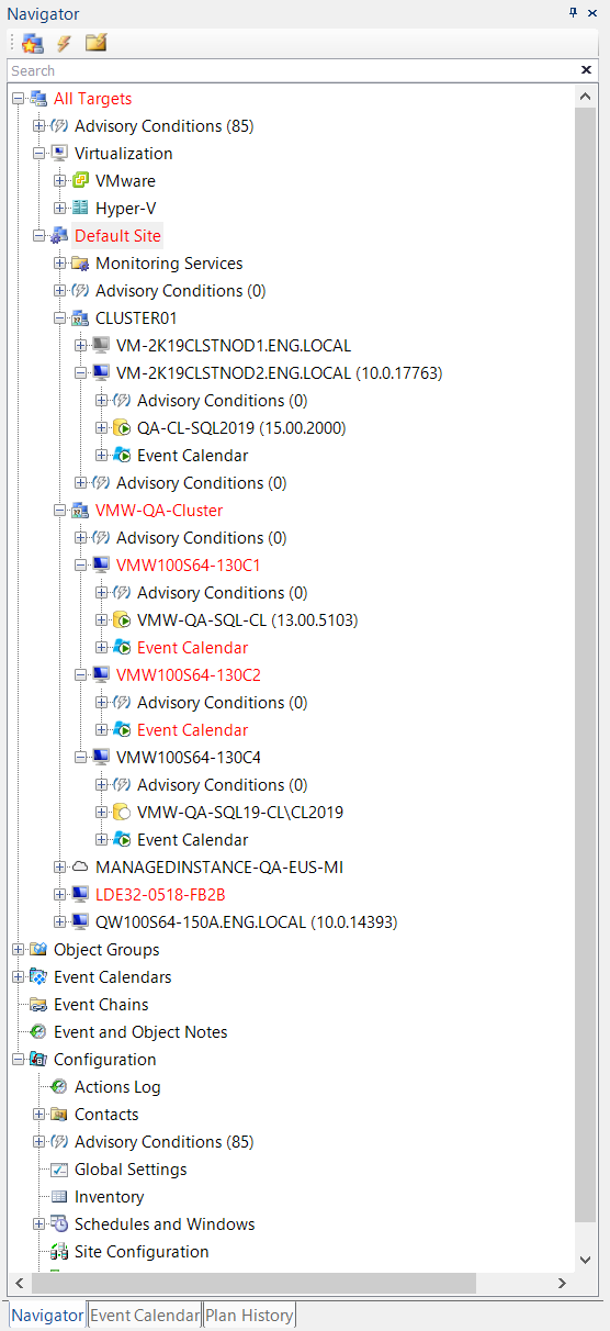 SQL Sentry Navigator pane WSFC clusters post upgrade Version 2021.12 Navigator pane displaying WSFC clusters organized and grouped after the upgrade