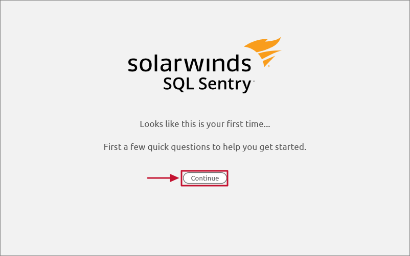 SQL Sentry Onboarding Wizard select Continue Version 2021.8 SQL Sentry Onboarding Wizard splash screen