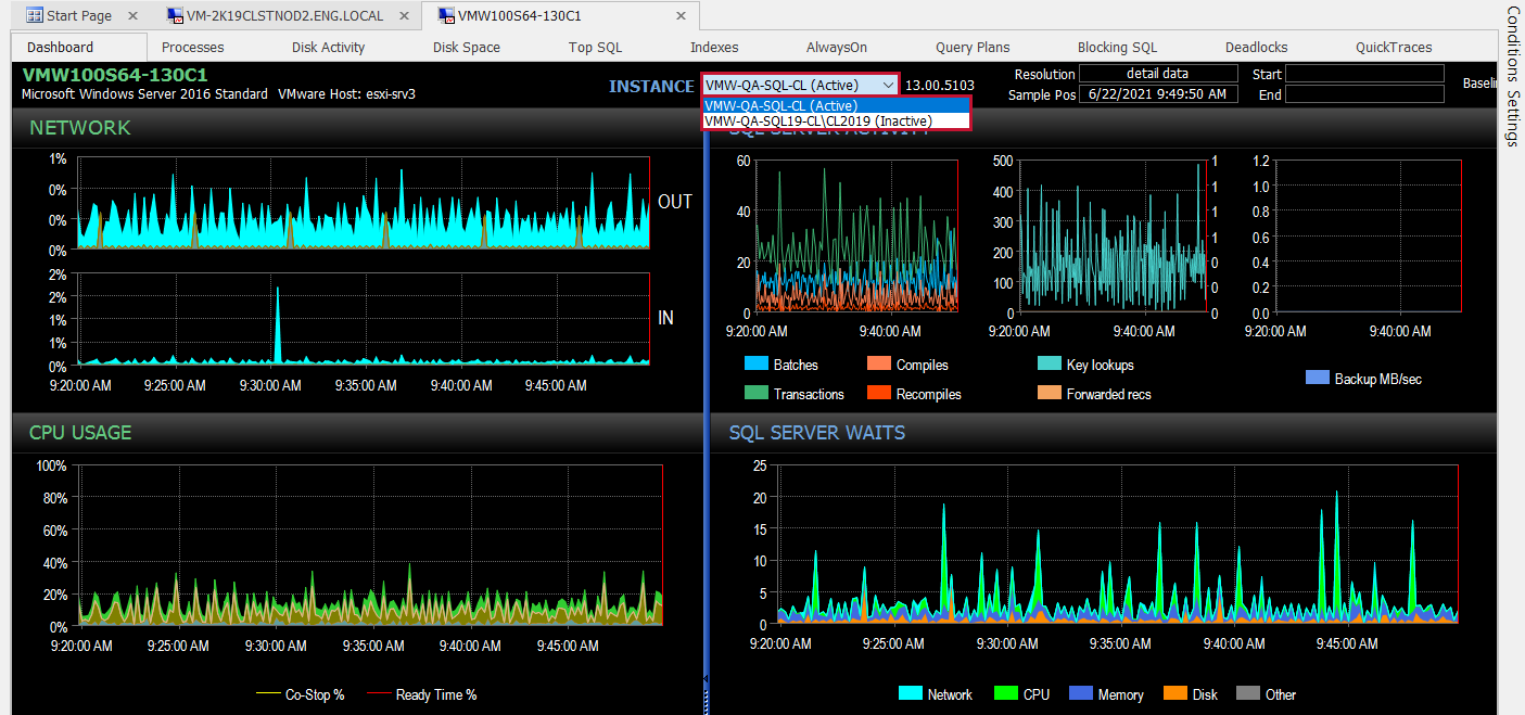 SQL Sentry Performance Analysis Dashboard FCI target Version 2021.12 Performance Analysis Dashboard for an FCI target, displaying the node drop-down menu