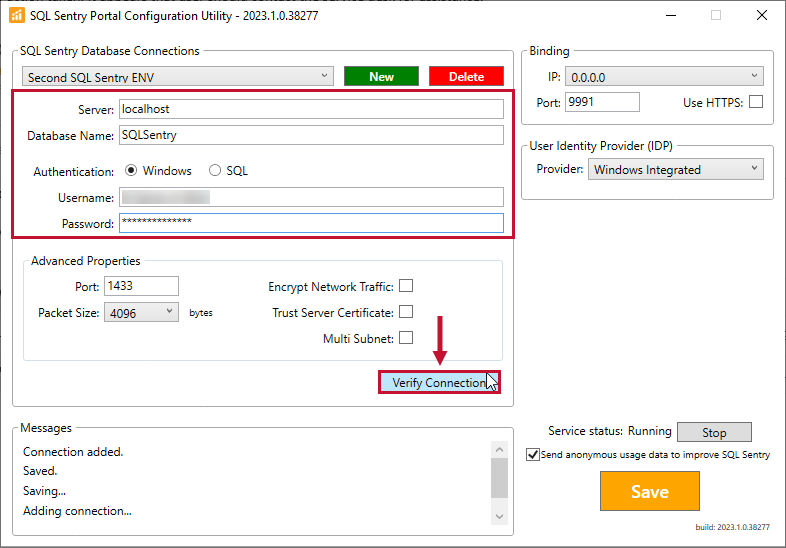 SQL Sentry Portal  Configuration Utility Verify Connection