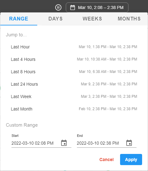 Portal Date Selector on the Range tab, displaying a list of dates to Jump to and a Custom Range selection option.