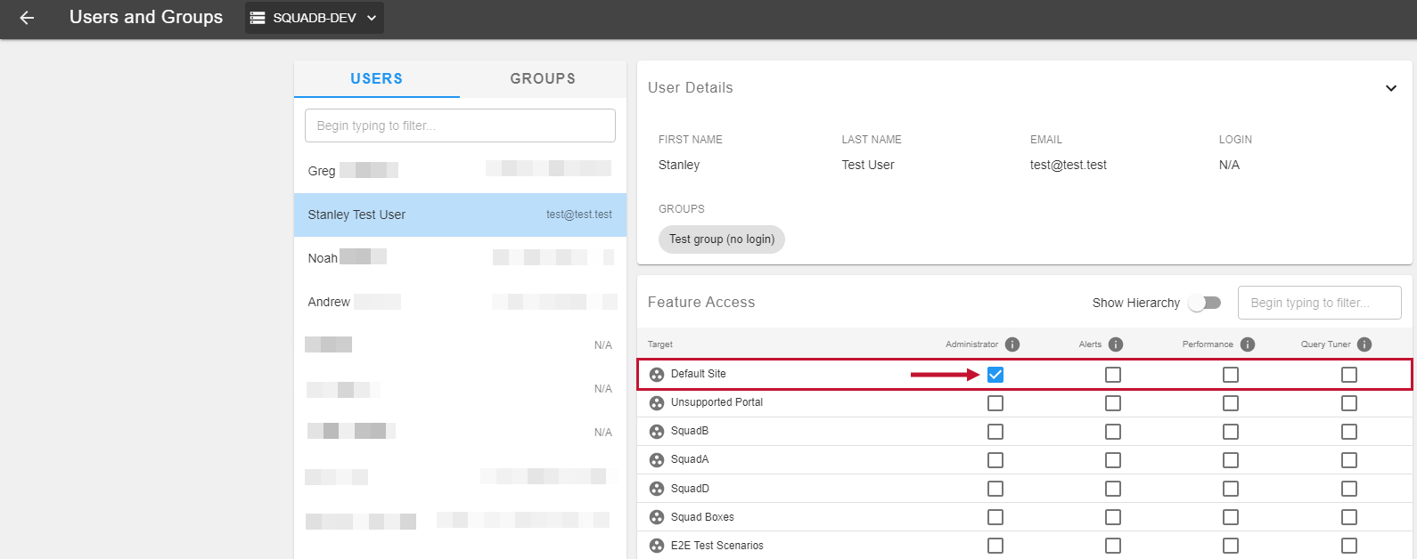 SQL Sentry Portal Users Feature Access Grid Administrator permission assigned