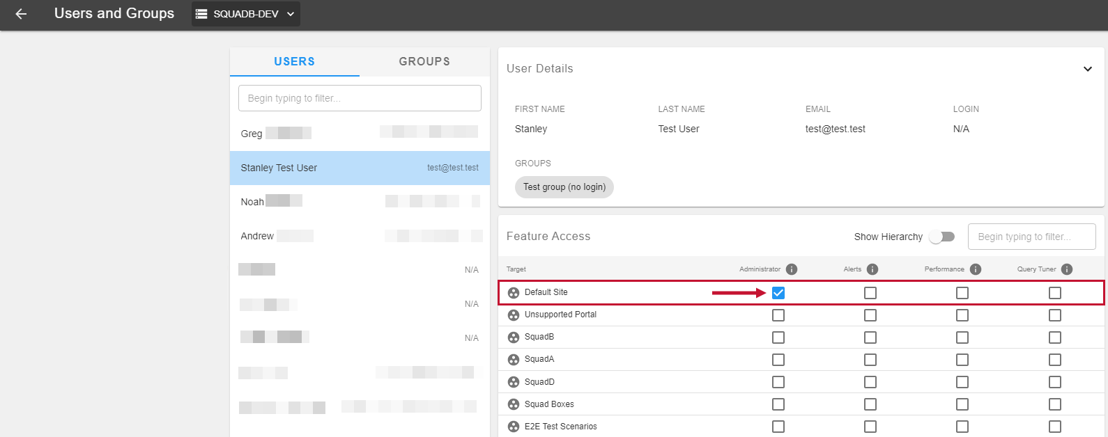 SQL Sentry Portal Users Feature Access Grid example Version 2022.2 SQL Sentry Portal Users Feature Access Grid Administrator permission assigned