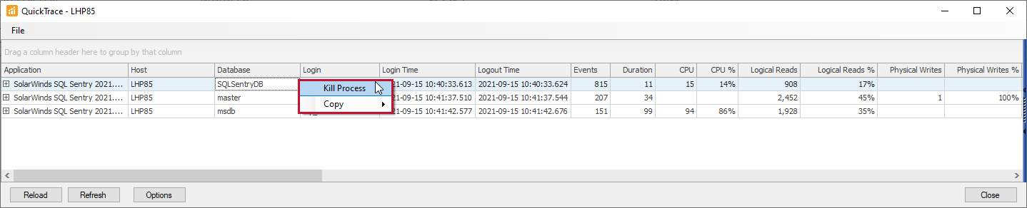 SQL Sentry QuickTrace Kill Process or Copy context menu options Version 2021.12 QuickTrace Kill Process or Copy context menu options