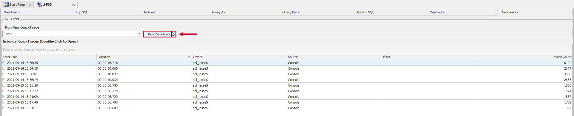 SQL Sentry QuickTraces tab Version 2021.12 QuickTraces tab