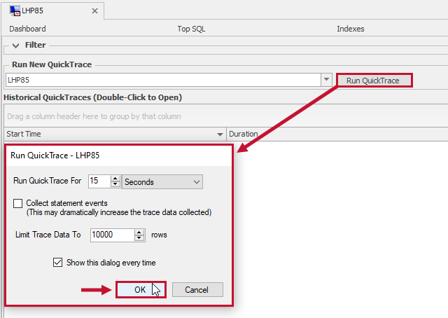 SQL Sentry QuickTraces tab Run QuickTrace Version 2021.12 QuickTraces tab Run QuickTrace