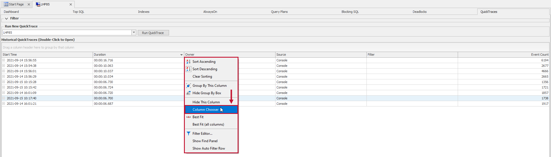 SQL Sentry QuickTraces tab Column Chooser context menu option Version 2021.12 QuickTraces tab Column Chooser context menu option