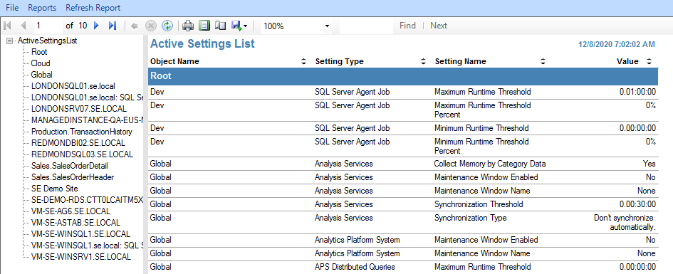 SQL Sentry Active Settings List Report