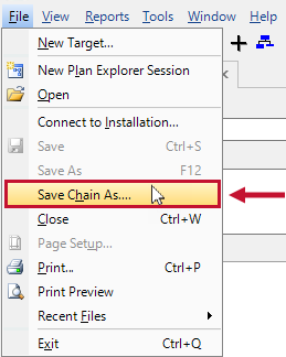SQL Sentry File toolbar options with the Save Chain As option highlighted.