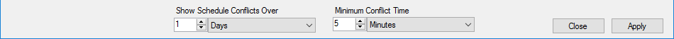 SQL Sentry Schedule Conflicts Between Settings Version 2021.18 Schedule Conflicts between window toolbar displaying the conflict filter options.