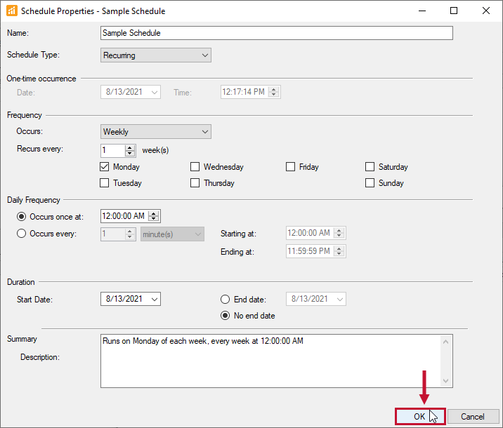 SQL Sentry Schedule Properties window select Ok Version 2021.12 SQL Sentry Schedule Properties window select Ok