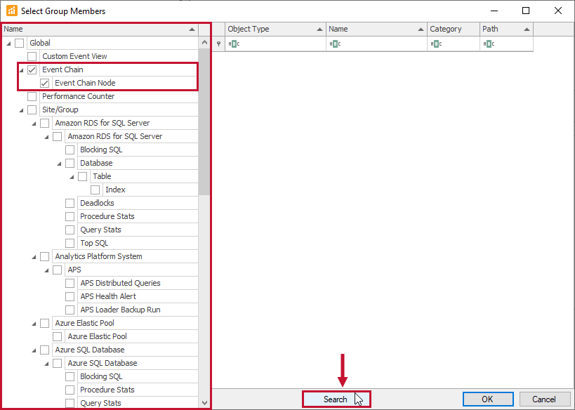 SQL Sentry Select Group Members window Search