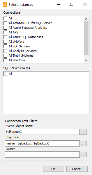 SQL Sentry Select Instances window displaying options to select from Connections, SQL Server Groups, and Filters.