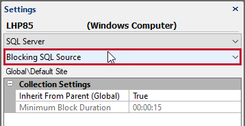 Settings pane Blocking SQL Source Settings instance level