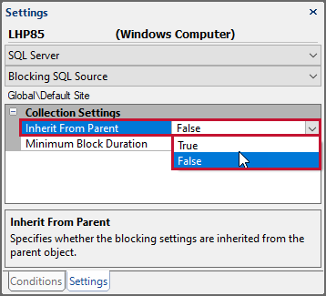 Settings pane Collections Settings change Inherit From Parent to False