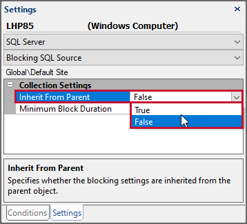 SQL Sentry Settings pane Collections Settings change Inherit From Parent to False Version 2021.12 Settings pane Collections Settings change Inherit From Parent to False