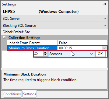 SQL Sentry Settings pane Collection Settings change Minimum Block Duration to 20 Version 2021.12 Settings pane Collection Settings change Minimum Block Duration to 20