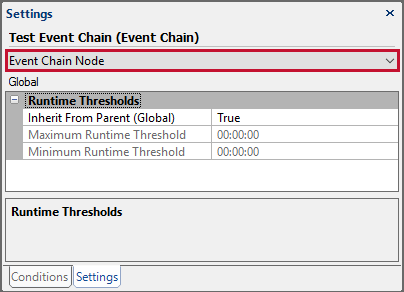 SQL Sentry Settings pane displaying Event Chain Node settings.