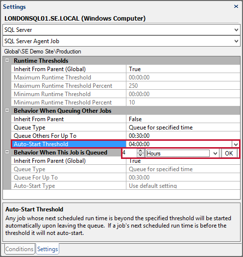Settings Pane opened to SQL Server Agent Job settings with AutoStart Threshold highlighted and set to 4 hours.
