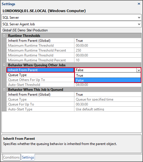 Settings Pane opened to SQL Server Agent Job settings with Inherit From Parent highlighted and set to False.