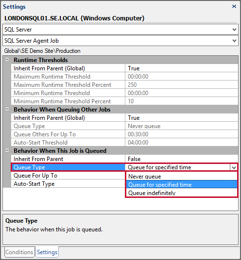 Settings Pane opened to SQL Server Agent Job settings with Queue Type highlighted and set to Queue for Specified Time.