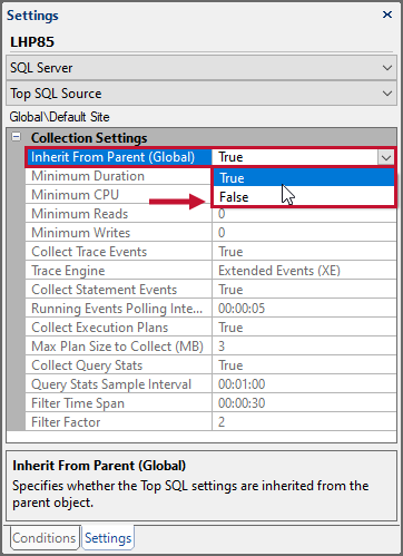 SentryOne Settings Pane for Instance SQL Server Top SQL Source Inherit From Parent