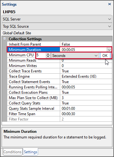 SentryOne Settings Pane for Instance SQL Server Top SQL Source Minimum Duration