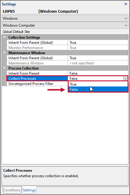 SQL Sentry Settings pane Process Collection settings Version 2021.12 Settings pane Process Collection settings